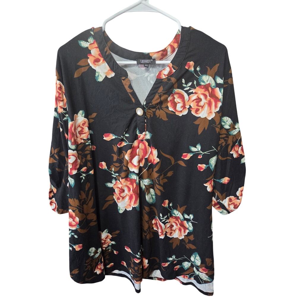 Black Floral Tunic Top - Lienridy - 4X